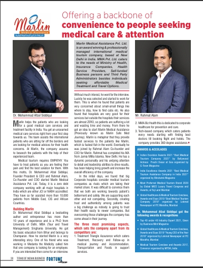 Scan of page 38 of the Fortune India Exchange “Titans of Indian Business” special edition, March 2022, carrying the article “Offering a backbone of convenience to people seeking medical care & attention” about Marlin Medical Assistance.